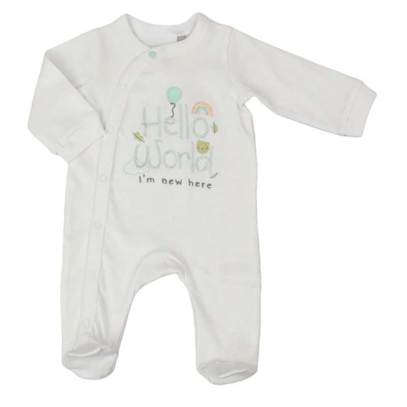 E03271: Baby " Hello World I'm New Here" Cotton Sleepsuit (NB-3 Months)